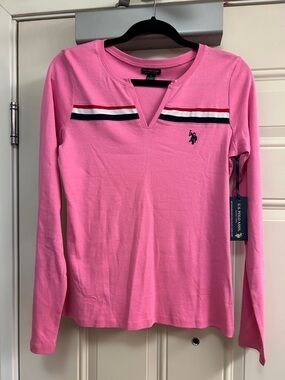 U.S. Polo Assn. Pink Long Sleeve Notch V Top with Navy Stripe Detail. Size L